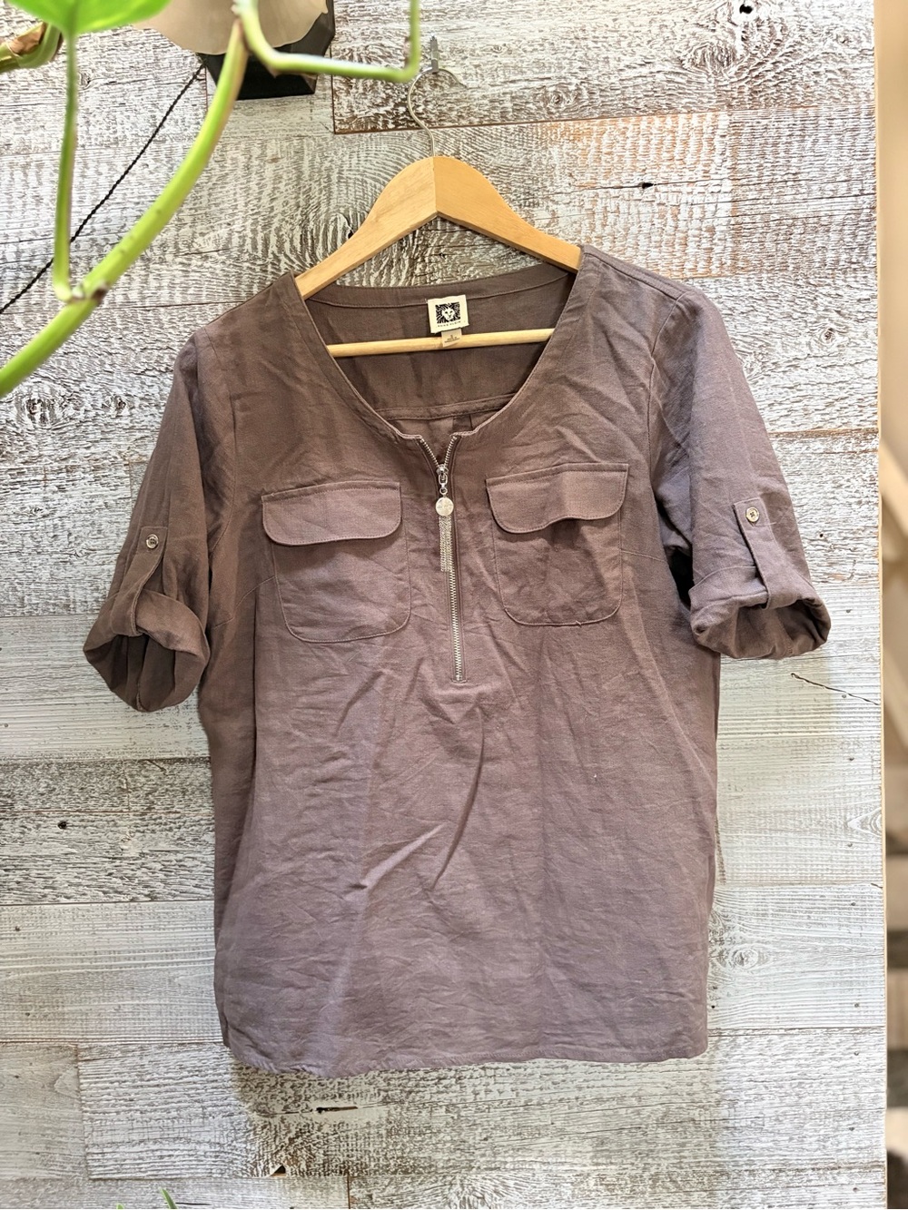 Anne Klein | Linen-Blend Short-Sleeve Half-Zip Top - Women's S, Light Purple